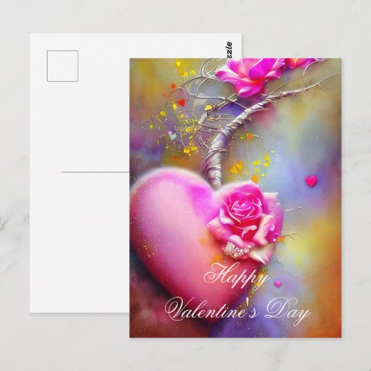 Rosa Weinherz und Rose Postkarte (Vorne/Hinten)