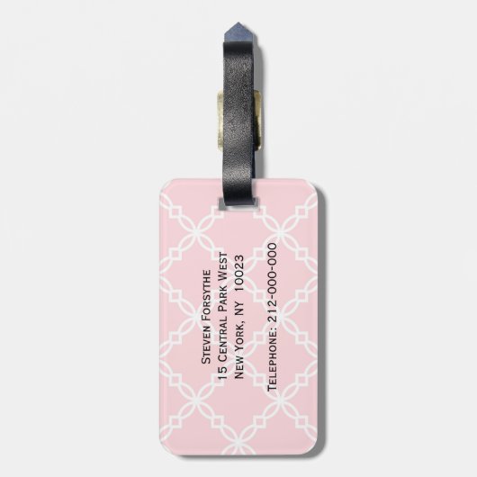 Rosa Weiß Extravagantes Quatrefolienmuster Gepäckanhänger (Rückseite vertikal)