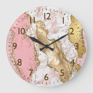 Rosa & Weiß & falscher Goldglitter Achat Monogramm Große Wanduhr