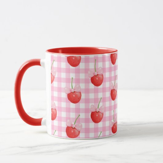 Rosa weiß gestreiftes Gingham-Mug mit süßem Erdbee Tasse (Links)