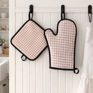 Rosa Weiß Gingham Karo Cottagecore Muster Ofenhandschuh & Topflappen-Set