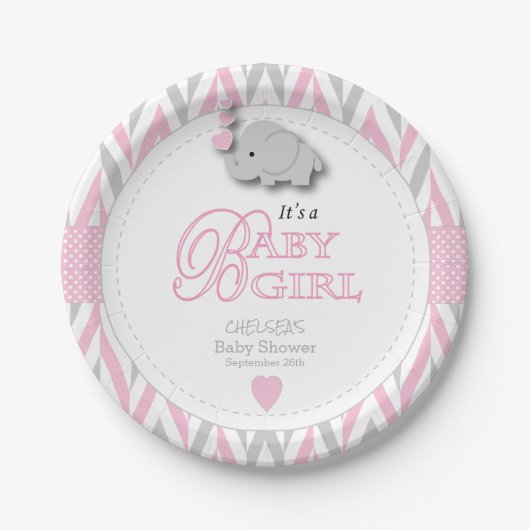 Rosa, Weiß-Grau-Elefant-Babydusche 2 Pappteller (Vorderseite)