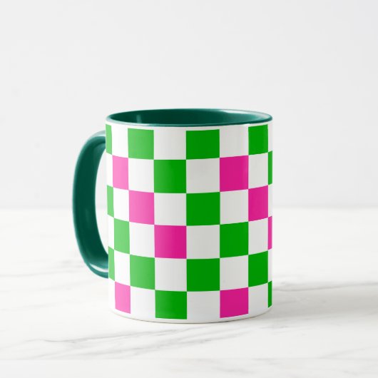 Rosa Weiß Grün Kariertes Design  Tasse (Vorderseite Links)