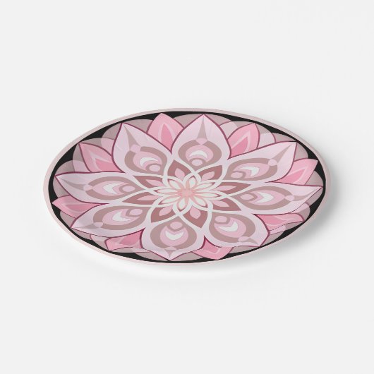 Rosa, weiß mit schwarzem Randmuster Pappteller (Schrägansicht)