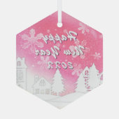 Rosa Weiß Schneehaus glücklich Neues Jahr Ornament Aus Glas (Rückseite)