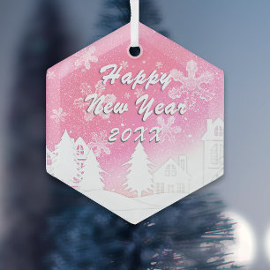 Rosa Weiß Schneehaus glücklich Neues Jahr Ornament Aus Glas