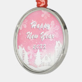 Rosa Weiß Schneehaus glücklich Neues Jahr Ornament Aus Metall (Links)