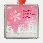 Rosa Weiß Schneehaus glücklich Neues Jahr Ornament Aus Metall (Vorne)
