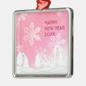 Rosa Weiß Schneehaus glücklich Neues Jahr Ornament Aus Metall (Links)