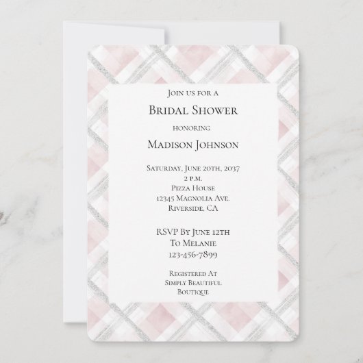 Rosa Weiß Silberer Glitzer Quadrate Brautparty Einladung (Vorderseite)