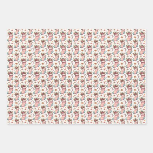 Rosa Weiß und Blau Weihnachten Strumpf Geschenkpapier Set (Vorderseite)
