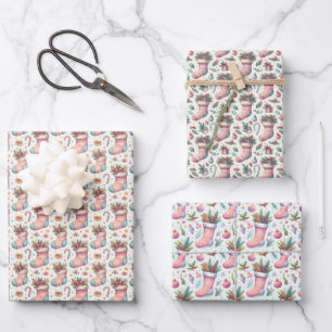 Rosa Weiß und Blau Weihnachten Strumpf Geschenkpapier Set