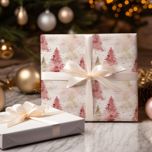 Rosa Weiß und Gold Pinsel Weihnachtsbaum Muster Geschenkpapier
