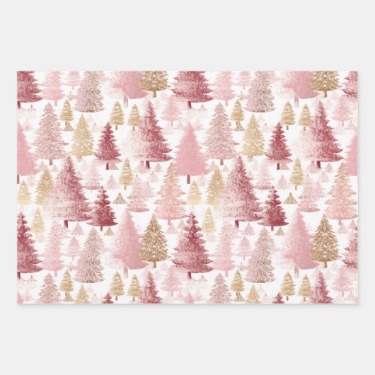 Rosa Weiß und Gold Pinsel Weihnachtsbaummuster Geschenkpapier Set (Vorderseite)