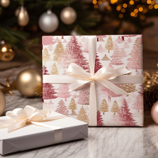 Rosa Weiß und Gold Pinsel Weihnachtsbaummuster Geschenkpapier Set