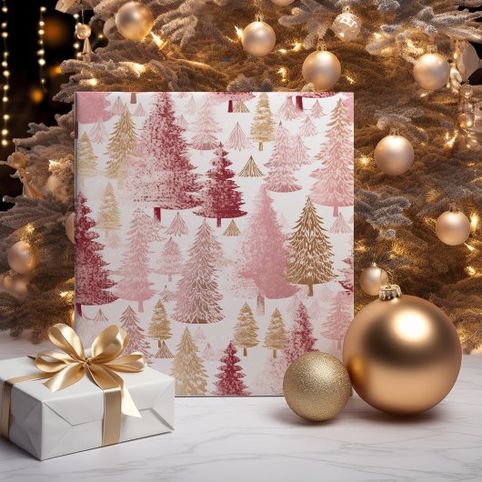Rosa Weiß und Gold Pinsel Weihnachtsbaummuster Geschenkpapier Set
