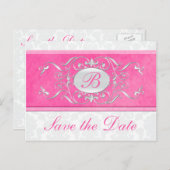 Rosa, Weiß und Grau-Damast Save the Date Ankündigungspostkarte (Vorne/Hinten)