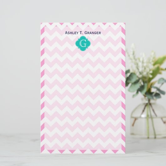 Rosa weiß Zickzack Zigzag Aquamarine Quatrefolie M Briefpapier (Stehend Vorderseite)