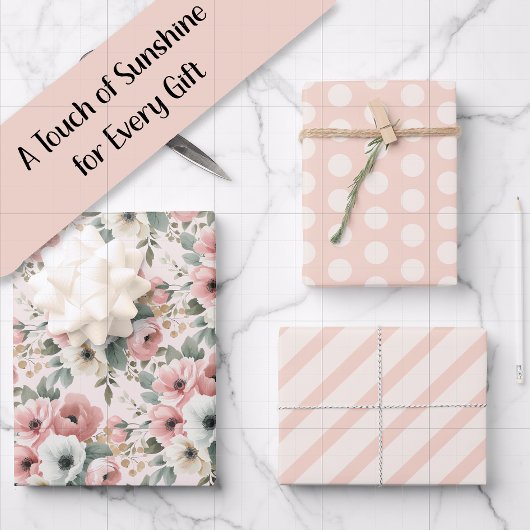 Rosa Weiße Aquarell-Gestreift Punkte Geschenkpapier Set