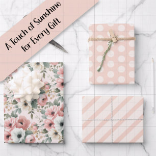 Rosa Weiße Aquarell-Gestreifte Punkte Geschenkpapier Set