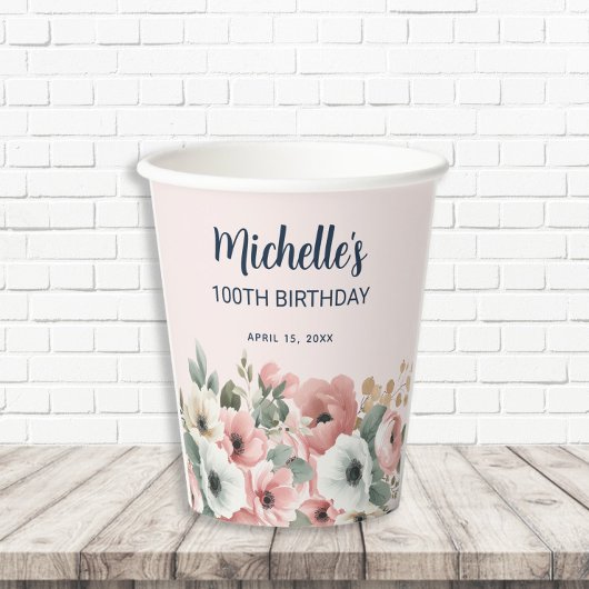 Rosa Weiße Aquarellblume 100. Geburtstag Pappbecher