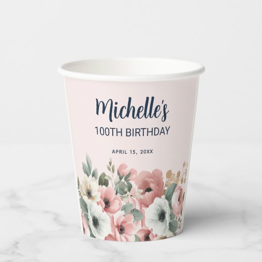 Rosa Weiße Aquarellblume 100. Geburtstag Pappbecher (Rückseite)