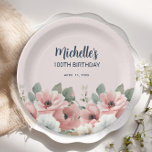 Rosa Weiße Aquarellblume 100. Geburtstag Pappteller<br><div class="desc">Elegante Rosa und Weiß Aquarell Blumen und Grün 100. Geburtstag Party Papier Teller. Kontaktieren Sie mich,  um Hilfe bei Ihren Anpassungen zu erhalten oder um zusätzliche Matching oder Koordination von Zazzle Produkten für Ihre Feier zu beantragen.</div>