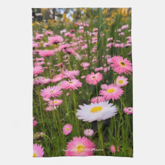 Rosa + Weiße australische native Wiesenblumen Geschirrtuch (Vertikal)