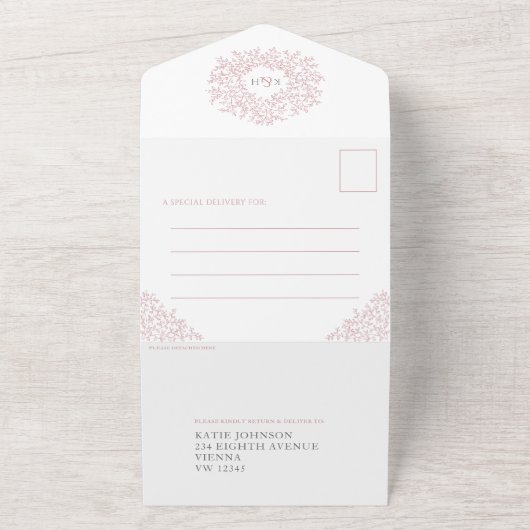 Rosa weiße Blätter Foto Essen UAWG QR Hochzeit All In One Einladung (Außenbereich)