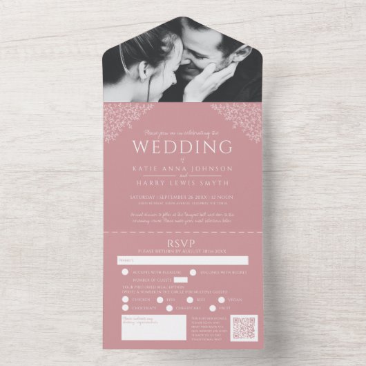 Rosa weiße Blätter Foto Essen UAWG QR Hochzeit All In One Einladung (Innen Boden)