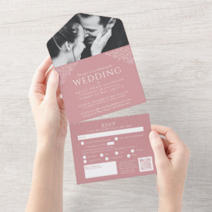 Rosa weiße Blätter Foto Mahlzeit RSVP QR Hochzeit All In One Einladung