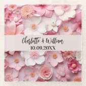 Rosa weiße Blume Namen Hochzeit Glasuntersetzer (Vorderseite)