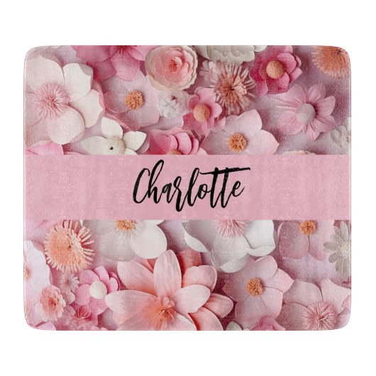 Rosa weiße Blume Namensskript Schneidebrett (Vorderseite)