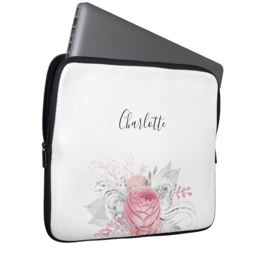 Rosa weiße Blume Silberblätternacht elegant Laptopschutzhülle (Vorne Rechts)