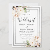 Rosa Weiße Blume Silver Border Elegante Hochzeit Einladung (Vorderseite)