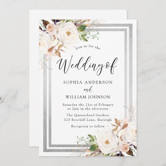 Rosa Weiße Blume Silver Border Elegante Hochzeit Einladung (Vorne/Hinten)