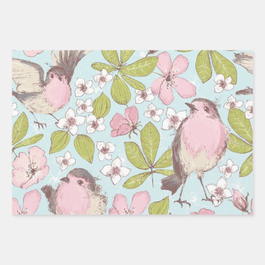 Rosa Weiße Blume und Grünpflanzen Geschenkpapier Set (Vorderseite)