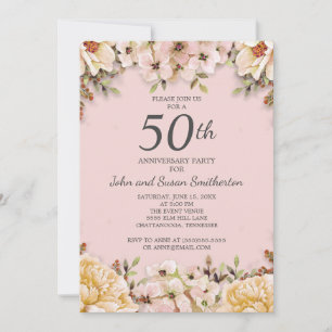 Rosa weiße Blumen 50. Hochzeitstag Party Einladung