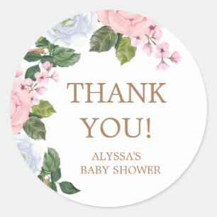 Rosa weiße Blumen Rosen Baby Shower Dankeschön Runder Aufkleber