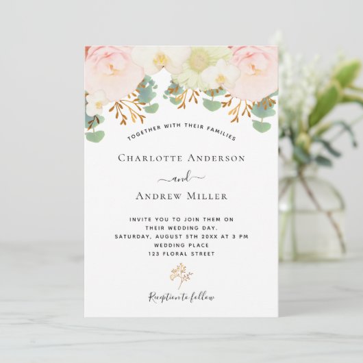 Rosa weiße Blütengoldgrün Aquarellfarben Hochzeit Einladung (Stehend Vorderseite)