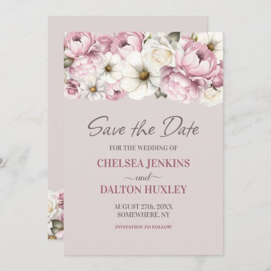 Rosa weiße Blütenhochzeit retten das Datum Save The Date (Vorne/Hinten)