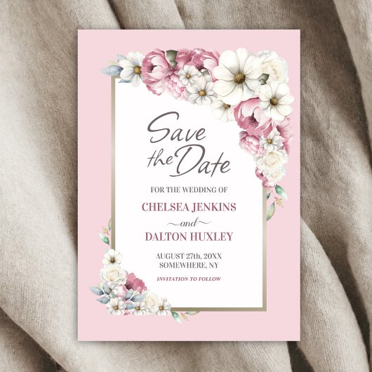 Rosa weiße Blütenhochzeit retten das Datum Save The Date