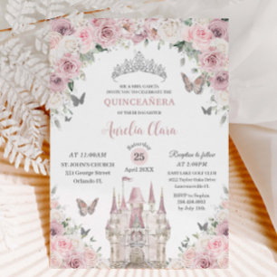 Rosa Weiße Blütenprinzessin Burg Quinceañera XV Einladung