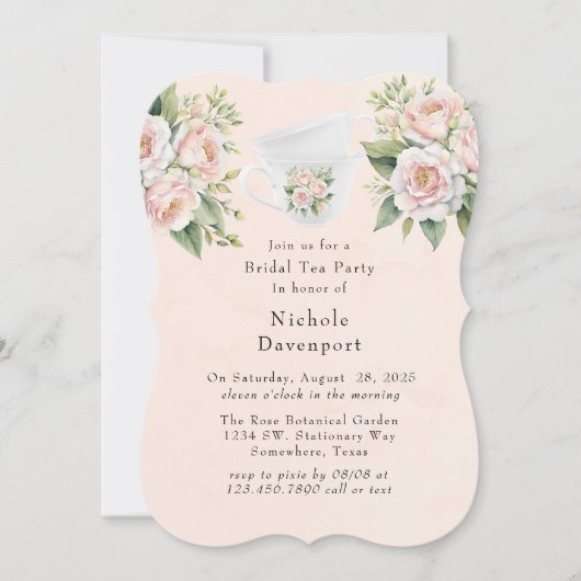 Rosa Weiße botanische Rose Bridal Tee Party Einladung (Vorderseite)