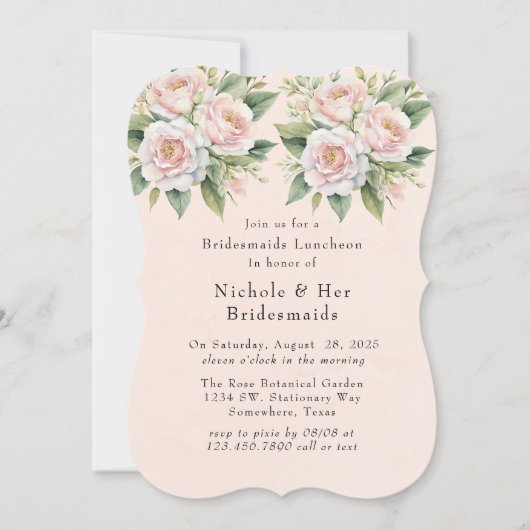 Rosa Weiße botanische Rose Bridesmaids Luncheon Einladung (Vorderseite)