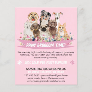 Rosa Weiße Einfache Florale Illustrierte Hundefris Flyer