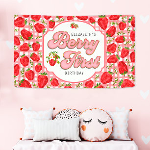 Rosa-weiße Erdbeermuster-Erdbeer-Erstgeburtstag Banner