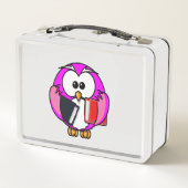 Rosa-weiße Eule, die einige Schulbücher hält Metall Brotdose (Rückseite)