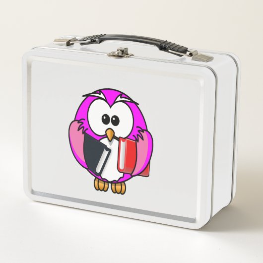Rosa-weiße Eule, die einige Schulbücher hält Metall Brotdose (Vorderseite)