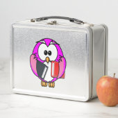 Rosa-weiße Eule, die einige Schulbücher hält Metall Lunch Box (Beispiel)